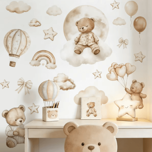 Boho Teddy Bear Balloon Watercolor Wall Sticker Nursery & Kids Room Vinyl Decal Decor