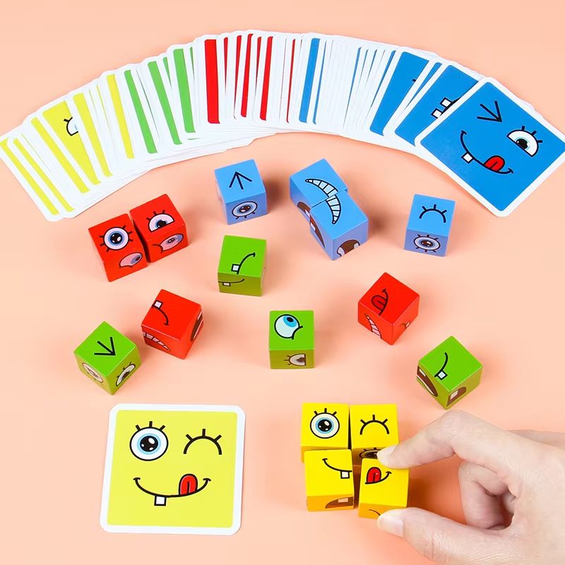 wooden face changing blocks Montessori expression puzzle Game Set
