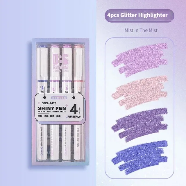 Kawaii Glitter Highlighter Pens, 4 Color Set, Pastel Fine Tip Markers for School Supplies, Scrapbooking, Journaling
