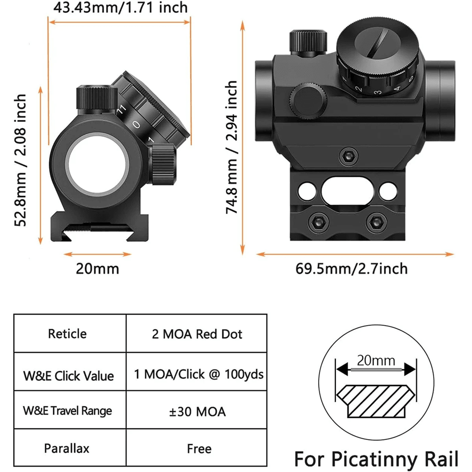 2MOA Red Dot Sight 1x25mm Reflex Scope Waterproof Shockproof Fog Proof with Riser Mount