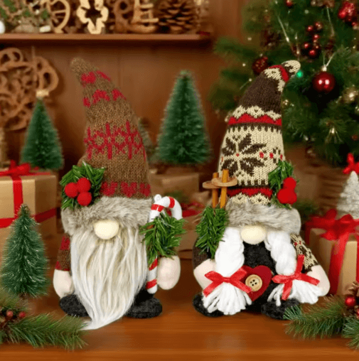 Nordic Christmas Gnome Plush with Knitted Hat & Pine Branch – Rudolph Holiday Figurine Decor