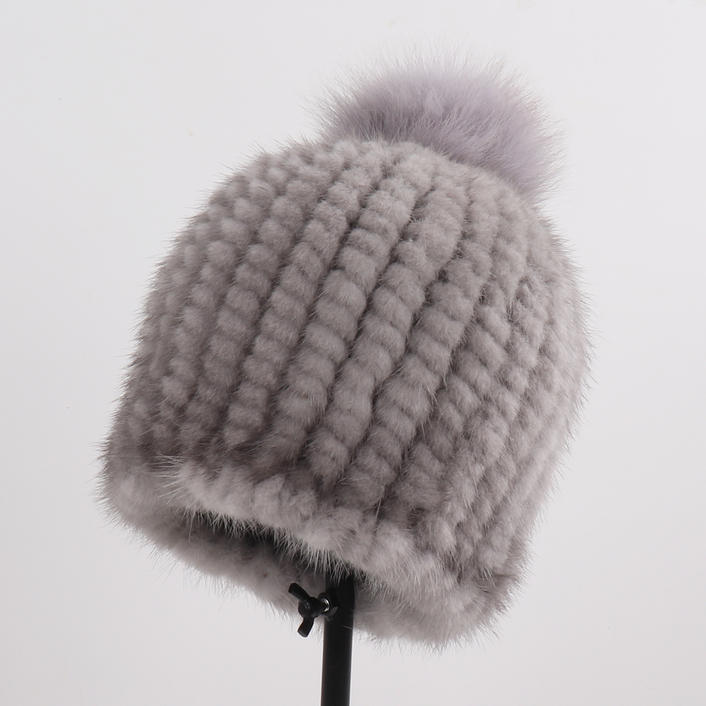 Winter Women Genuine Mink Fur Hat Hand Knitted Warm Cap with Real Mink Fur and Fox Fur Pompoms
