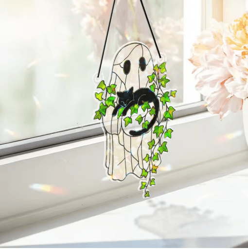 Cute Halloween Ghost Suncatcher Acrylic Window Hanging Decor with Black Cat