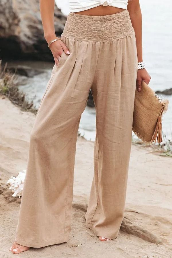 Women Drawstring Wide Leg Casual Pants Mid Waist Beach Trousers