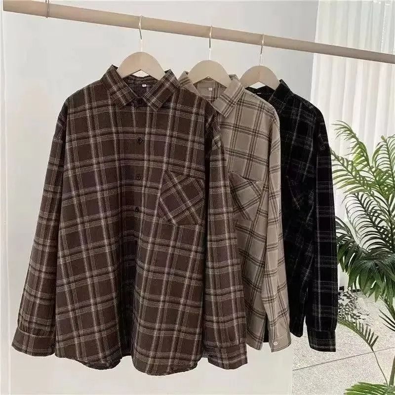 Retro Autumn/Winter Plaid Shirt – Professional Korean Fashion Loose-Fit Versatile Long Sleeve Top