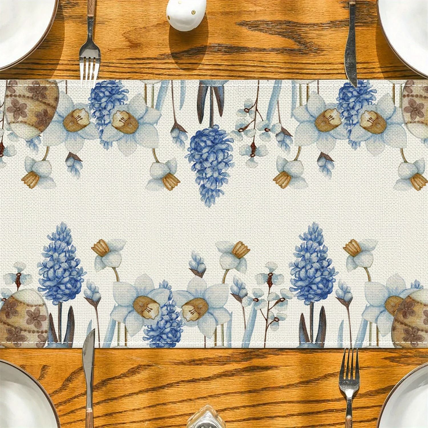 Easter Blue Eggs & Spring Flowers Linen Table Runner – Botanical Floral Decor for Holiday Tables & Dressers