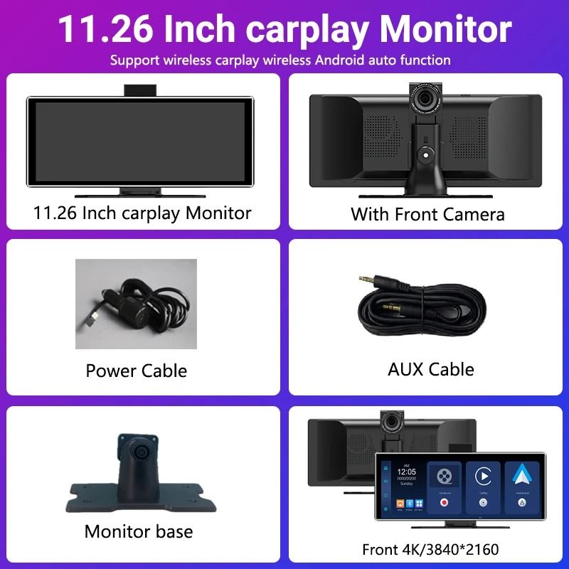 11.26 Inch Touchscreen Car Multimedia Video Player with Dual Lens DVR and Wireless CarPlay