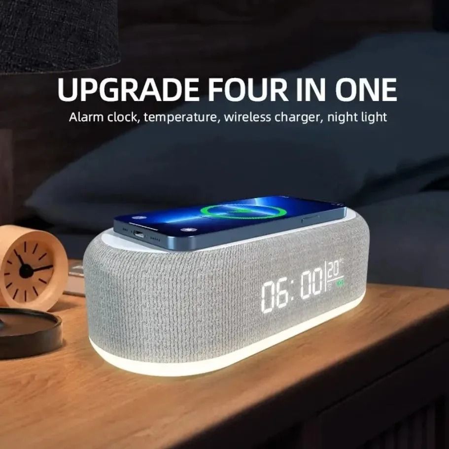 Intelligent Alarm Clock Wireless Charger – 15W Fast Charging Station with Bedroom Lamp, Night Light & Desktop Thermomete