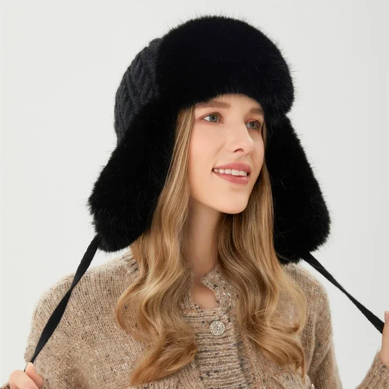 Womens Russian Caps Fur Winter Thickened Warm Knit Ushanka Earflap Pilot Hat Ski Snow Bomber Hat