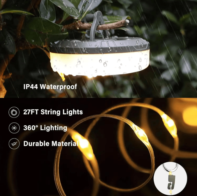 4-in-1 LED Camping String Lights with Retractable Reel & USB Recharge