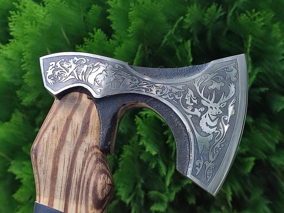 Handmade Mini Viking Hatchet | 14 Inch High Carbon Steel Laser-Etched Blade with 9 Inch Handle Viking Hatchet