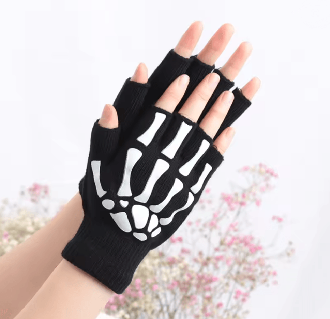 Glowbone Skull Fingerless Gloves