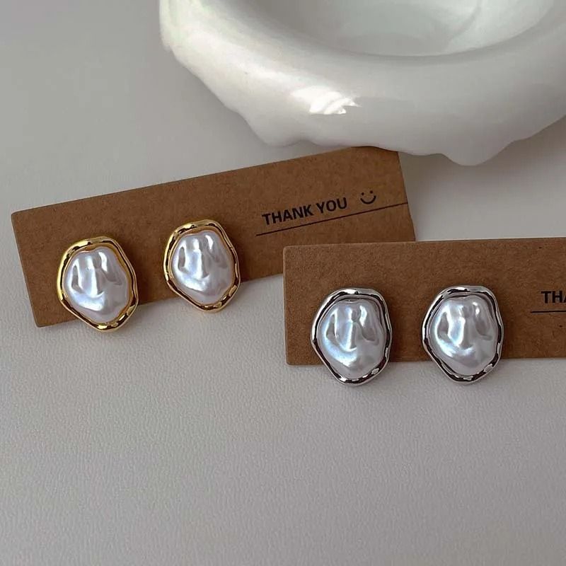 Modern Metal Pearl Stud Earrings