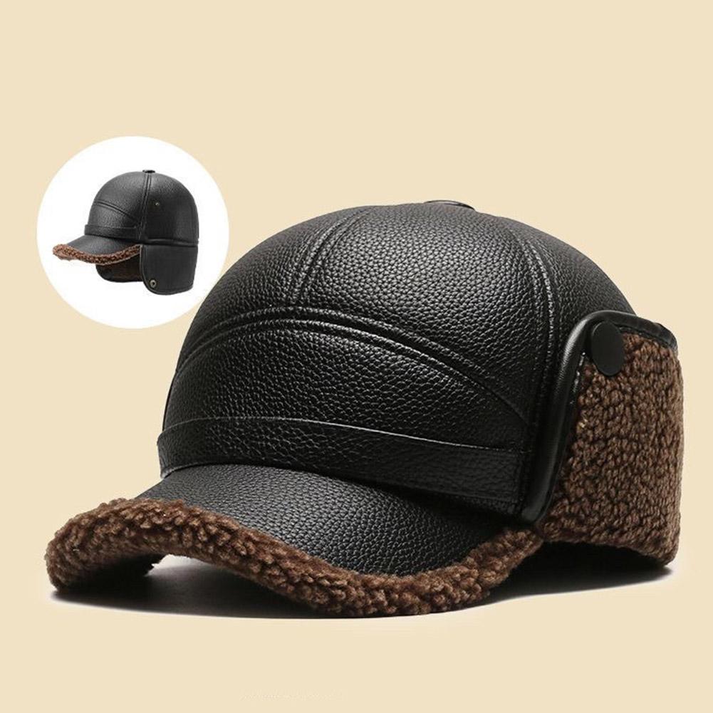 Winter Baseball Cap Men PU Leather Bomber Caps, Warm Thicker Dad Hat With Earflaps, Windproof Tongue Hat