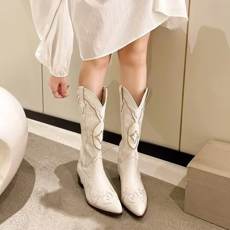 Embroidered Vintage Square Head Thick Heel Cowboy Boot for Women, Stylish Autumn Western Cowboy Boots with Side Zipper