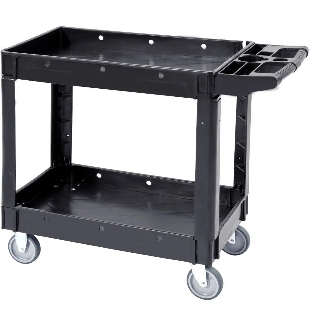 Heavy Duty Utility Service Cart, 2 Shelf Design, Plastic Rolling Utility Cart with Swivel Wheels and Ergonomic Handle