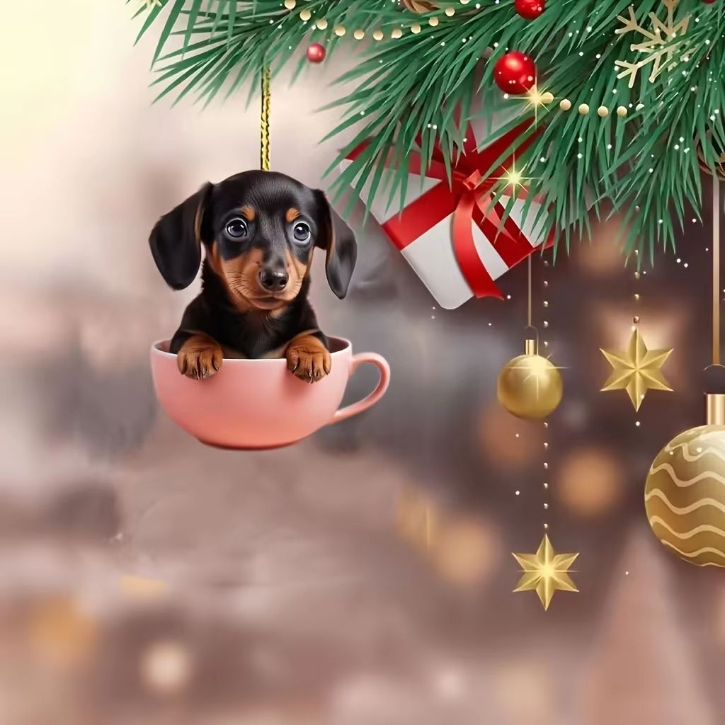Acrylic Dog Charm Ornament – Festive Boho Puppy Pendant for Tree, Backpack or Car