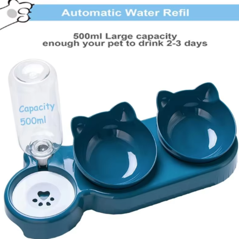 Triple Cat Bowls Pet Feeder Double Bowls with Automatic Drinking Bottle, Tilted and Rotatable Design for Cats.