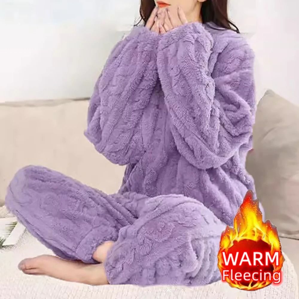 Womens Winter Pajama Set Long Sleeve Top And Elastic Waist Pants