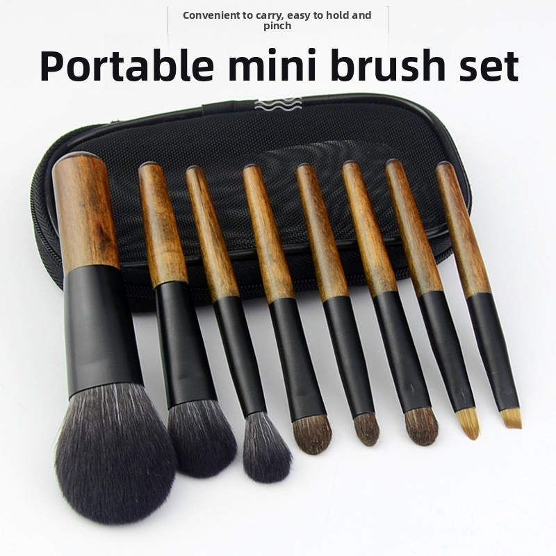 Mini Travel Makeup Brush Set with Pouch, Portable Wooden Handle Cosmetic Brushes for Powder, Blush Highlighter Eyeshadow