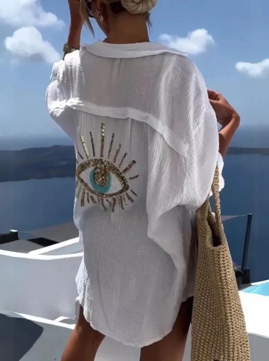 Casual Bright Sequin Evil Eye Long Sleeve Cotton Blouse
