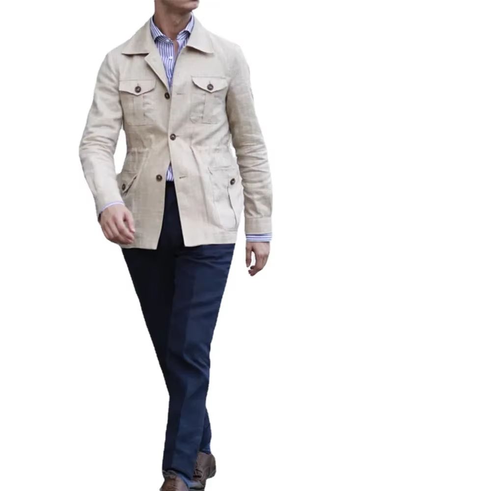 Retro Men's Linen Safari Jacket – Classic British Style Safari Jacket with Multi-Pocket Utility Design