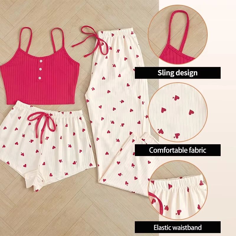 Women Three Piece Heart Print Ribbed Pajama Set
