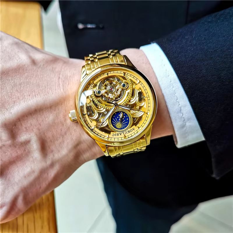 Luxury Gold Skeleton Moon Phase Automatic Watch for Men with Luminous Hands
