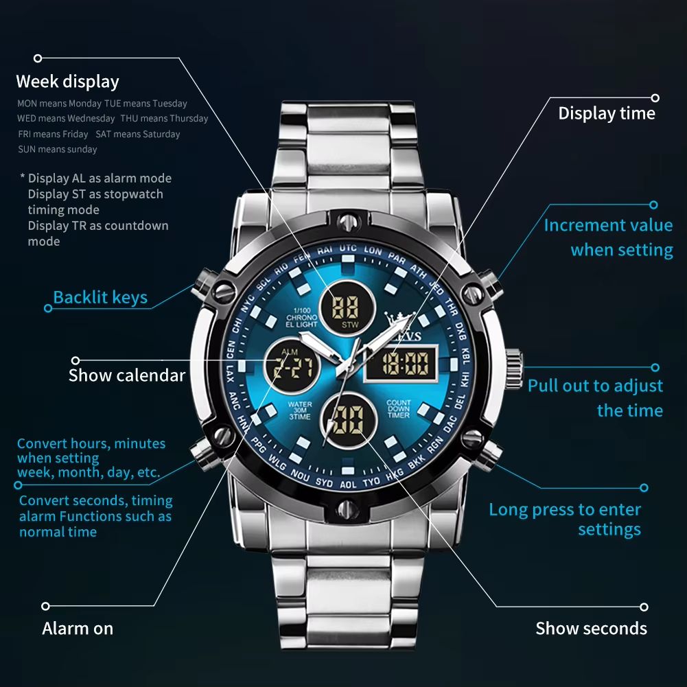 OLEVS Men's Multifunctional Watch – Waterproof Electronic Timepiece with Luminous Display, Alarm & Fashion Dress Design