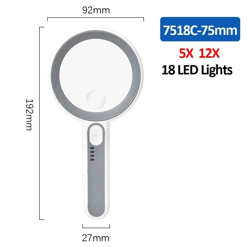 Rechargeable 12X Handheld Magnifier with LED Light - 3 Modes Reading & Inspection Loupe