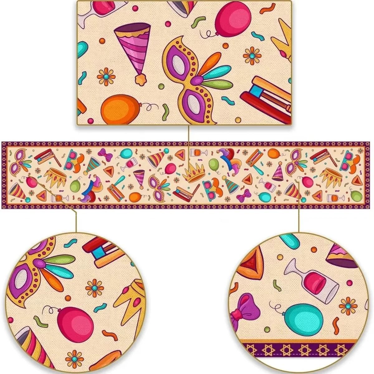 Festive Purim Celebration Mask & Crown Table Runner