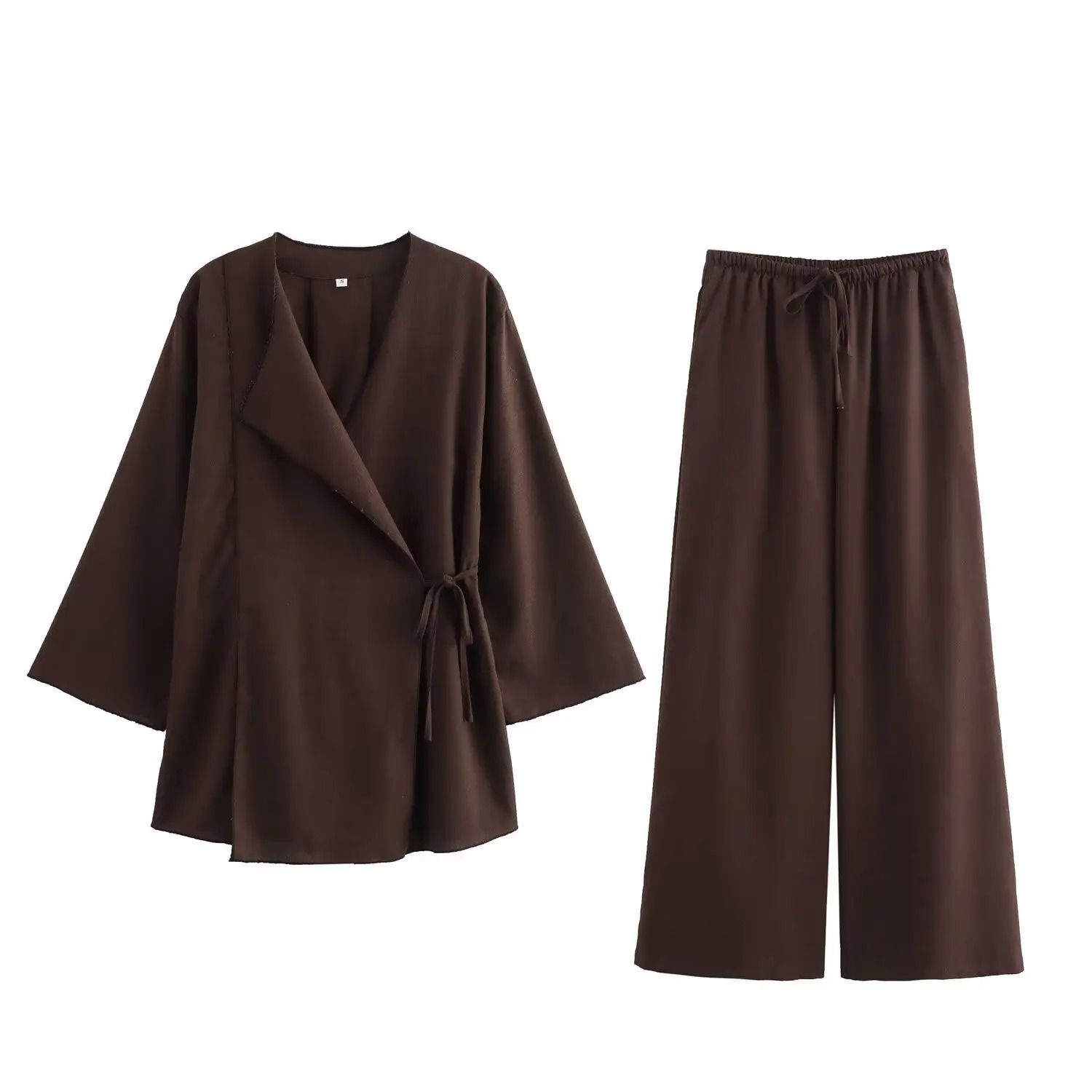 Womens Kimono Style Two Piece Outfit with Lace Up Top and Wide Leg Pants