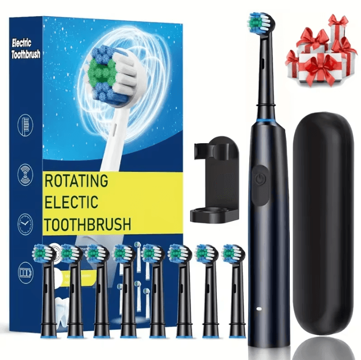Rechargeable Electric Toothbrush with Rotary Action – 8 Soft Brush Heads Oral Care Set