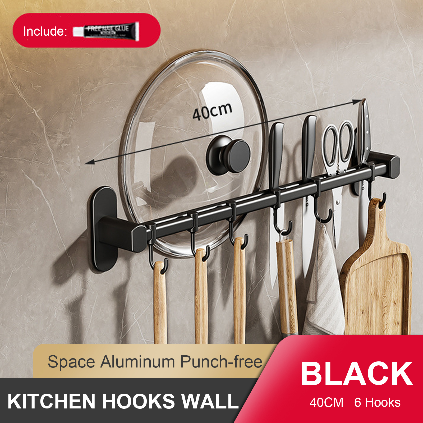 Wall Mounted Kitchen Hook Rack, No-Punching Wall Hangers, Rail Kitchen Utensils Rack, Spoon Shovel, Chopping Board