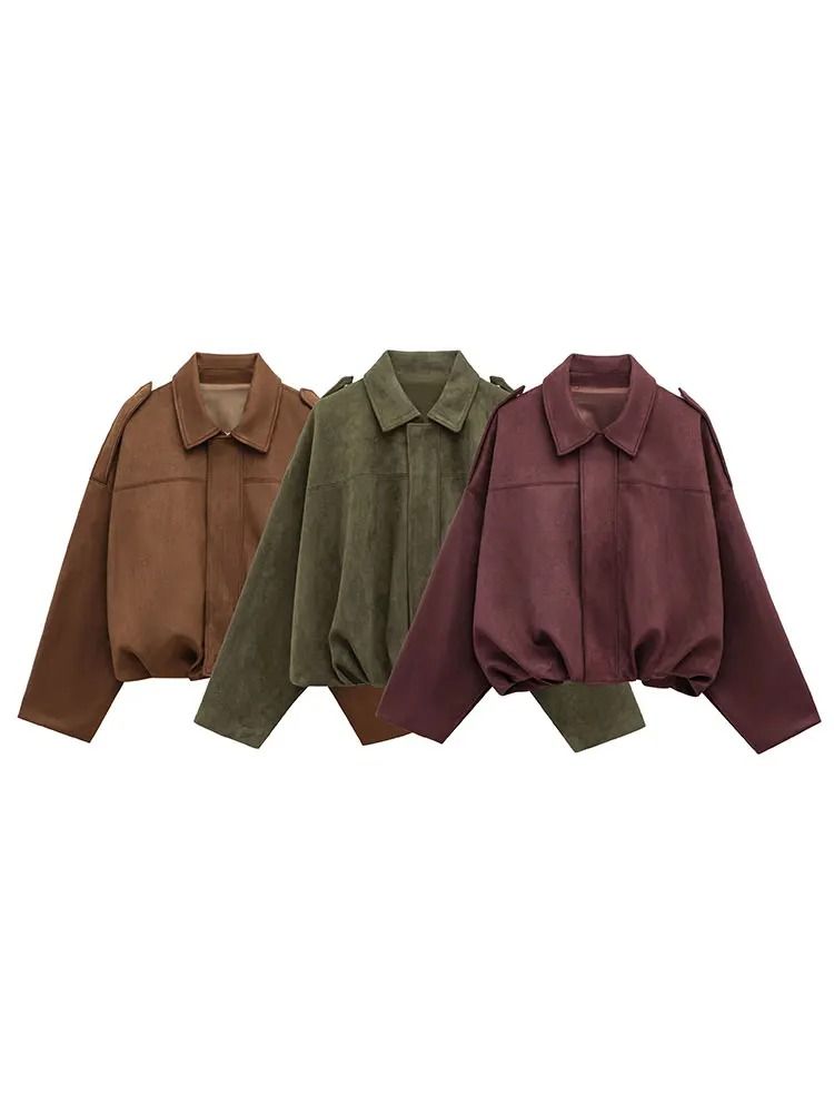 Womens Suede Bomber Jacket In Brown And Green