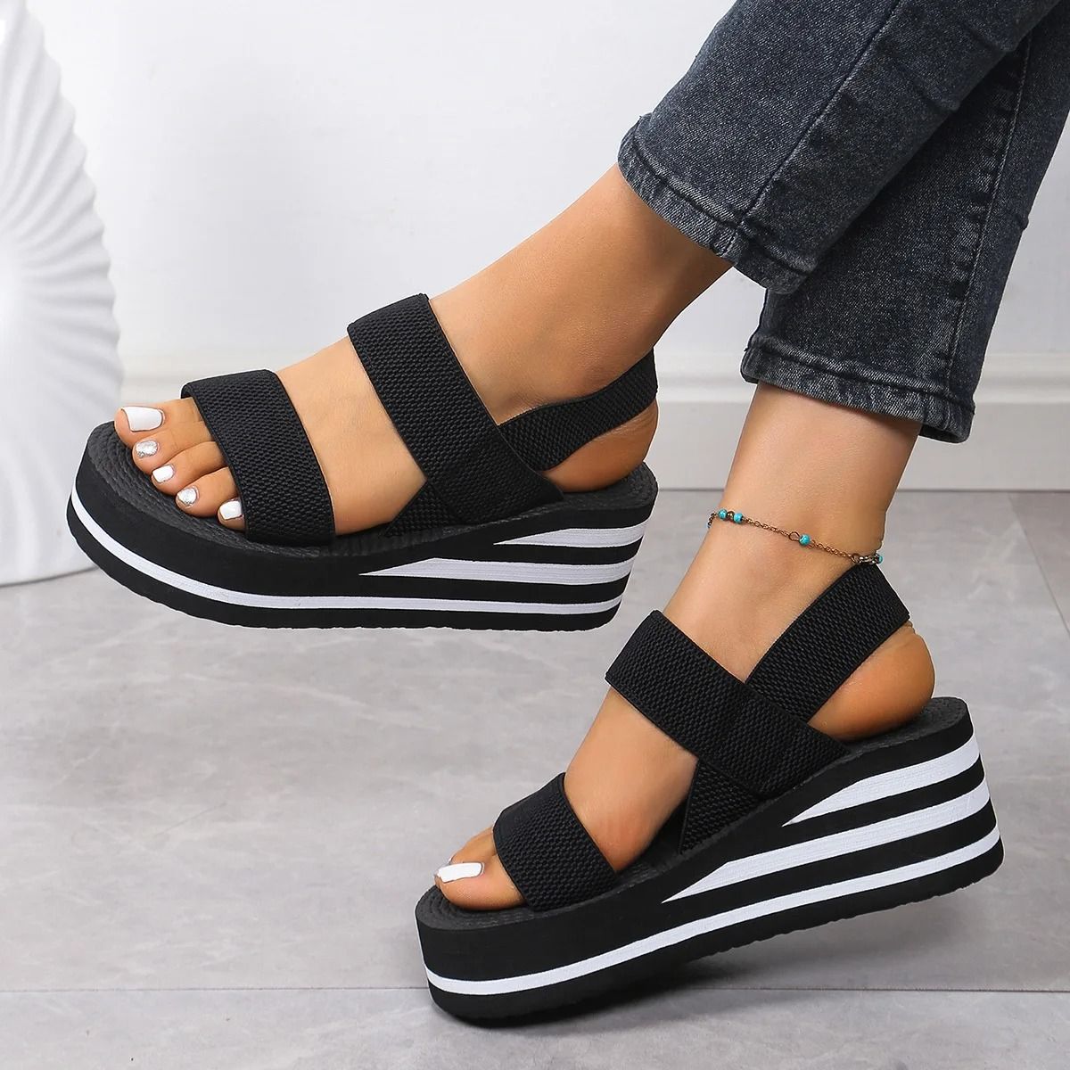 Minimalist Slingback Wedge Sandals Lightweight Summer Shoes with Striped Sole Thick Bottom