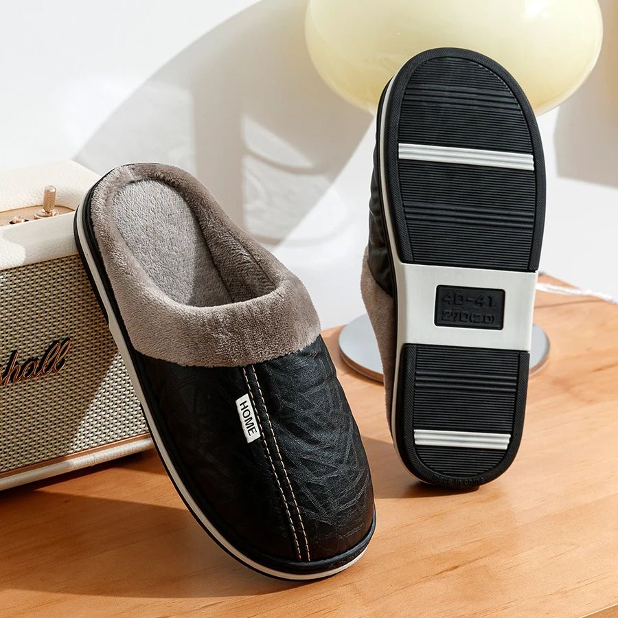 Mens Winter PU Leather Fur Lined Home Slippers