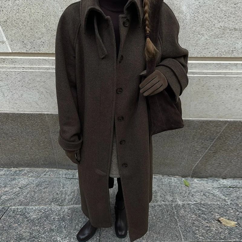 Elegant Womens Grey Belted Wool Coat Double Breasted Long Winter Peacoat