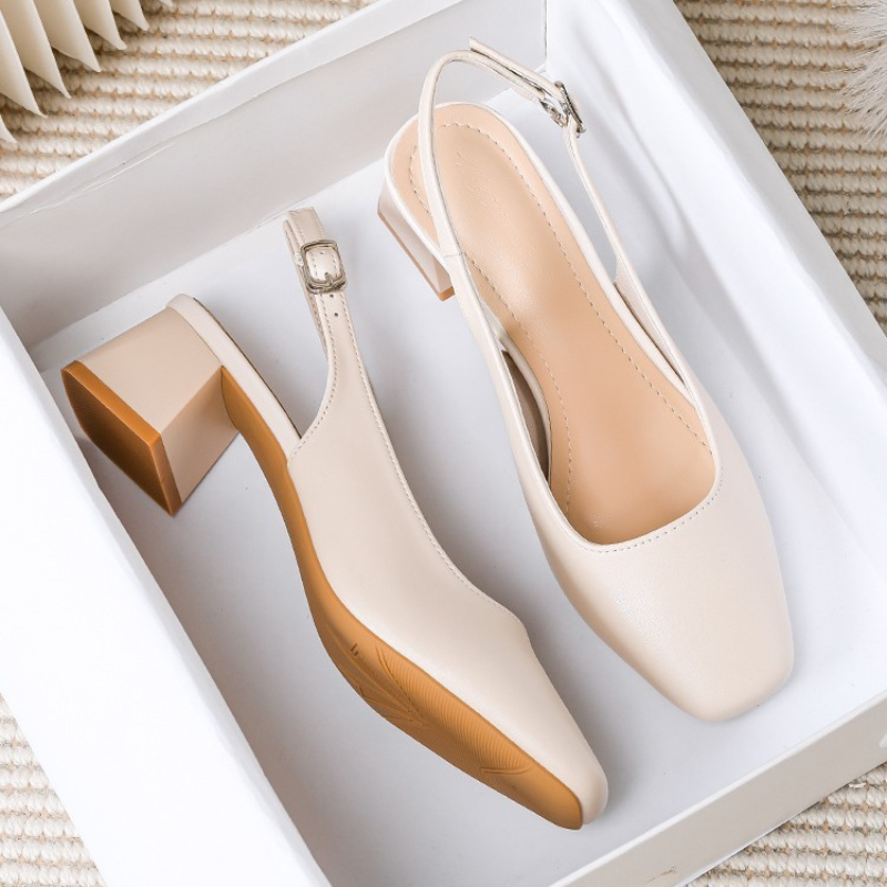 Elegant French Baotou Womens Summer Sandals, New Mid Thick Heel High Heels with Shallow Mouth & Coarse Heel Design