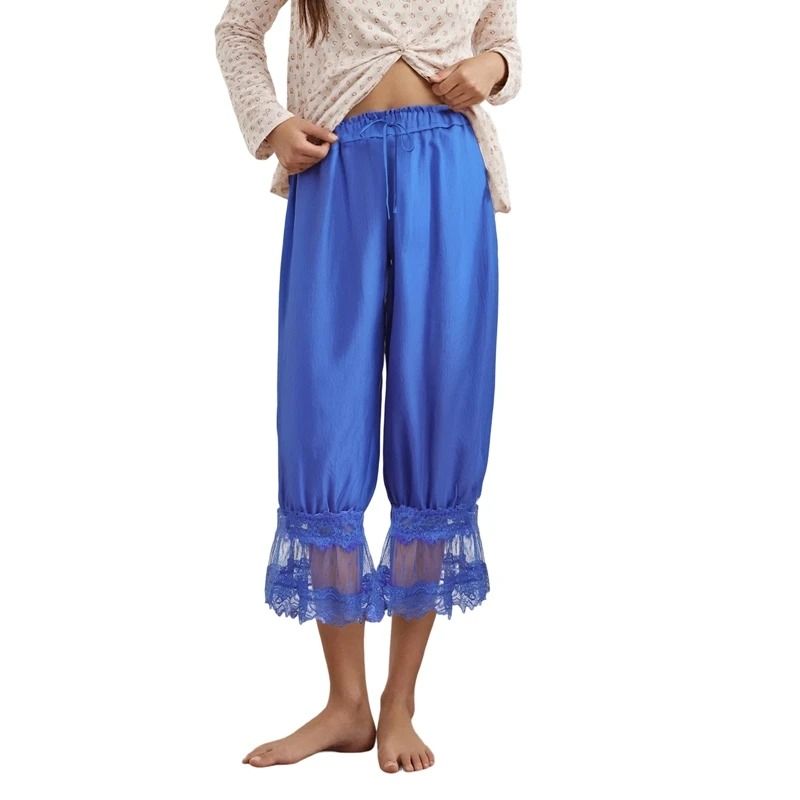 Womens High Waist Cropped Bloomers with Lace Detail and Drawstring Fit