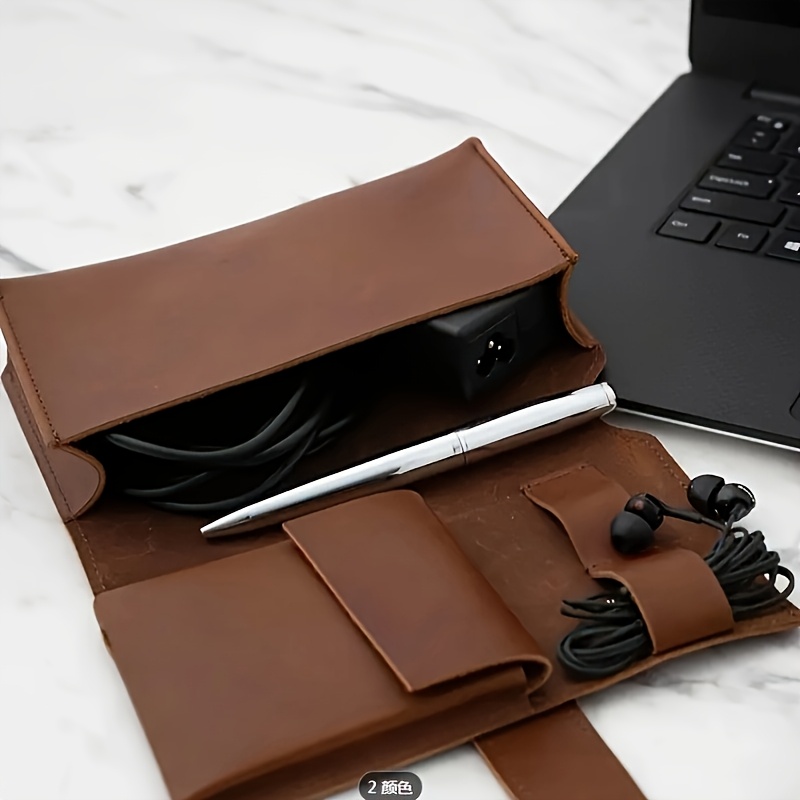 Portable Tech School Accessories Case, PU Leather Multi-Compartment Organizer for Cables, Chargers, and Pens, Travel