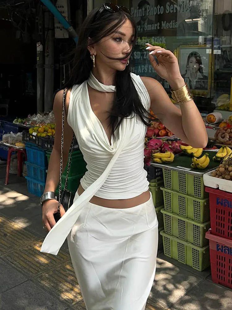 Womens V-Neck Bandage Slim Tank Top – Sexy Streetwear Knitted Crop
