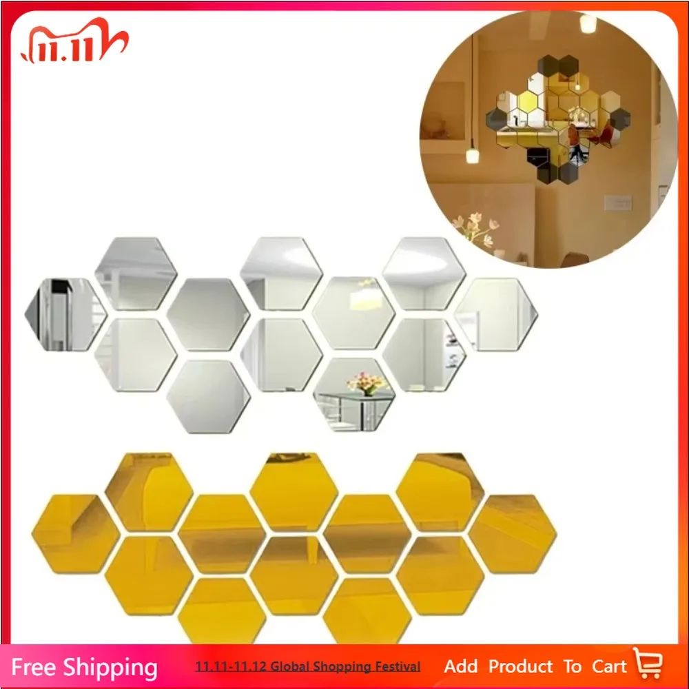 12-Piece Hexagon Mirror Wall Stickers – Acrylic Mirror Tiles for DIY Wall Decor