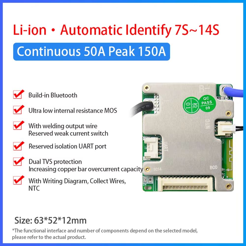 JiaBaiDa Smart BMS 7S–14S 20A/30A Battery Management System – Automatic Identify LFP NMC 24V 36V 48V Protection Board