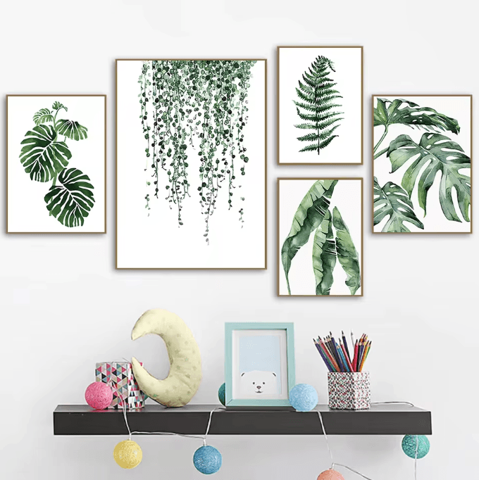Nordic Green Botanical Canvas Wall Art – Monstera & Banana Leaf Minimalist Decor for Living Room & Bedroom