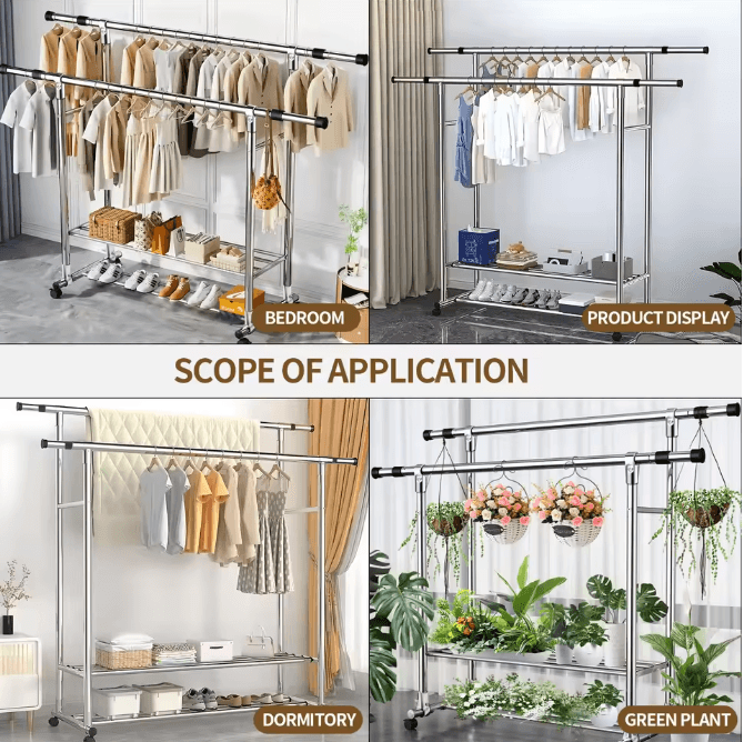 Adjustable Double Rod Rolling Garment Rack with Double Shoe Shelves 47.24-78.74in Wide