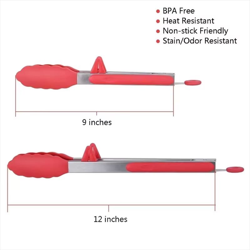 LMETJMA Stainless Steel Cooking Tongs with Silicone Tips and Stand Design