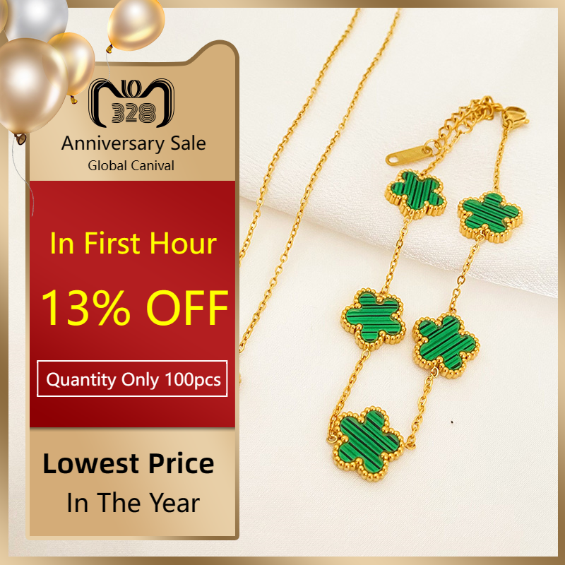 Luxury 3-Piece Stainless Steel Jewelry Set: Five Leaf Flower Pendant Necklace, Earrings & Bracelet - Trendy Women's Gift