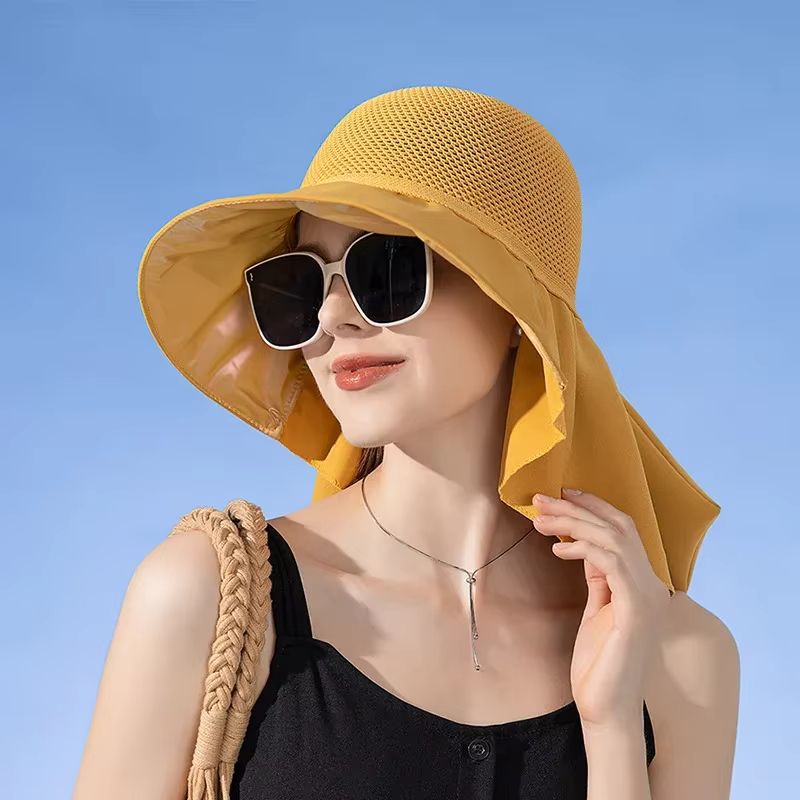 Women's Summer Sun Hat with Face and Neck Protection – Lightweight Mesh Bucket Hat with Shawl and Bow Detail