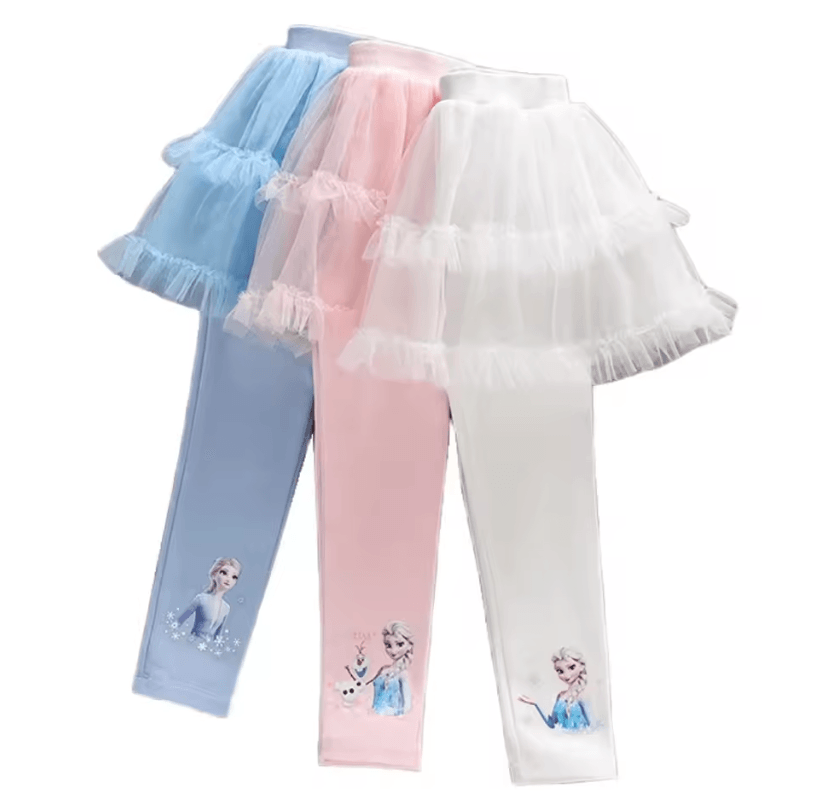 Magical Frozen Elsa Tulle Leggings for Girls – Soft Stretch Girls Princess Leggings with Cute Skirt Layer